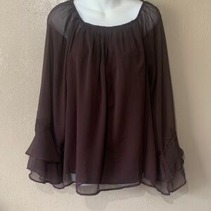 LOFT XL Chocolate Brown Sheer Double Ruffle-Sleeve Peasant Top